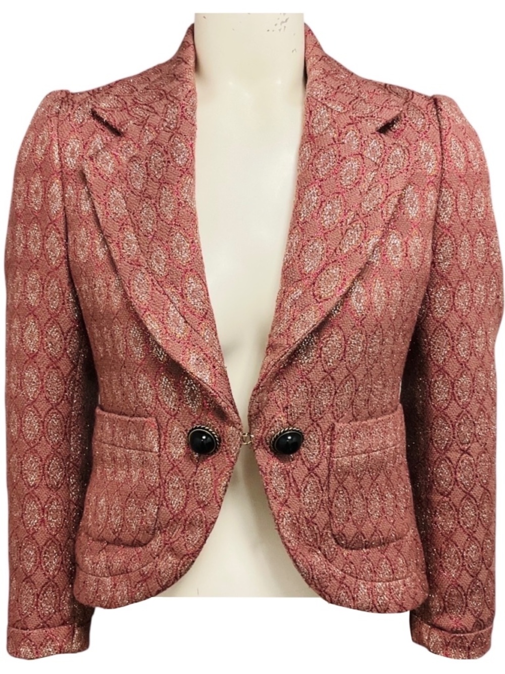 ROBERTO CAVALLI DUSTY ROSE METALLIC WOOL JACQUARD JACKET WITH BLACK STONE BUTTON